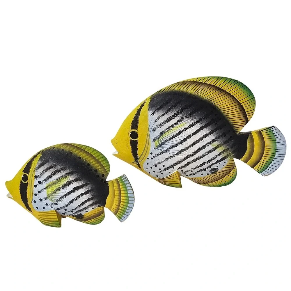 Hand-Painted (2)‎ Wooden Tropical Fish Figurines – Coastal Beach Tabletop Decor